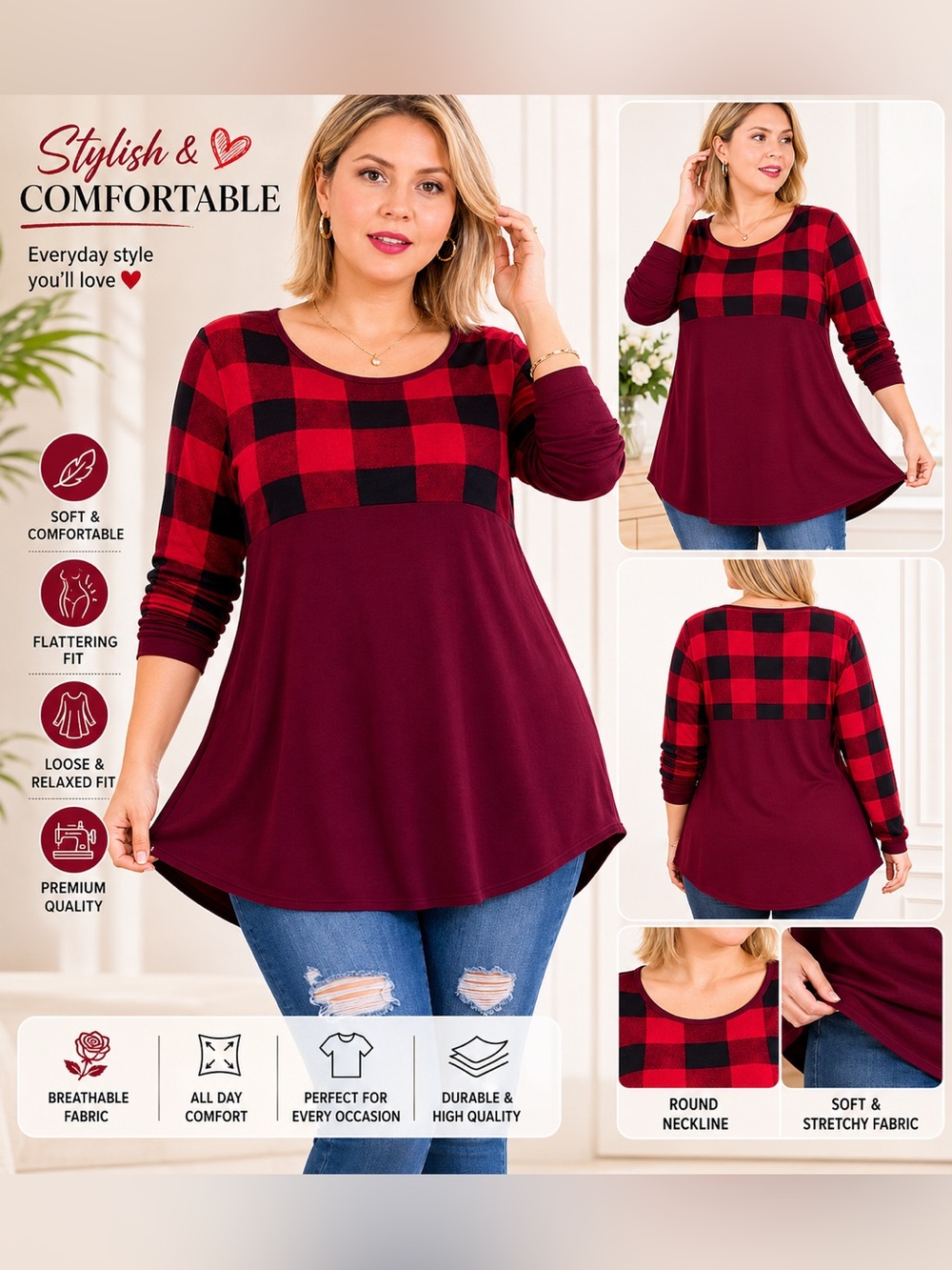 🩷. 6012. 🟰 Zenana Outfitters Burgundy and Black Plaid Long Sleeve Top